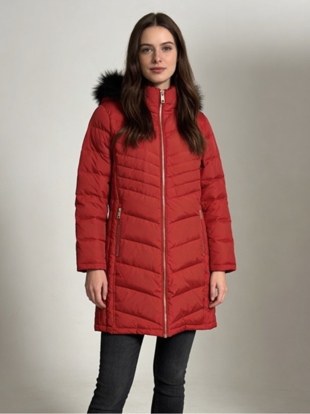 Michael Kors Red Down Puffer Coat Faux Fur Hood Gold Zip Size M